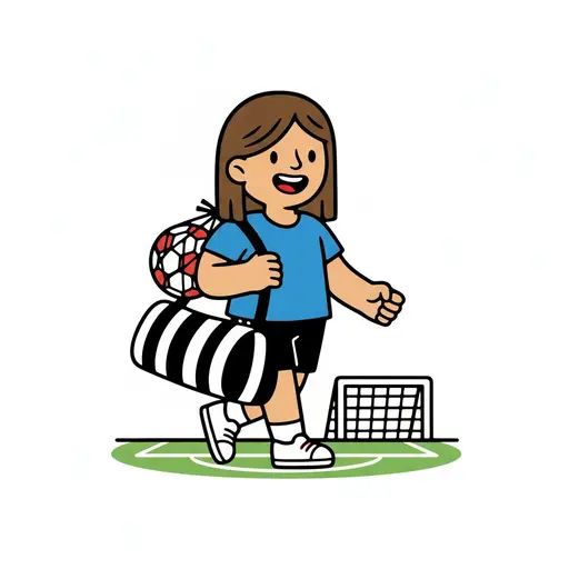Een kind met een voetbal en een tas loopt over een veld naar een doel.