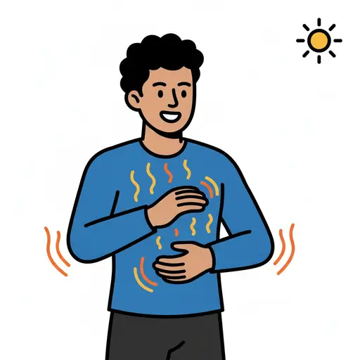 A person holds their hands to their body with warmth lines around them and a sun in the corner.