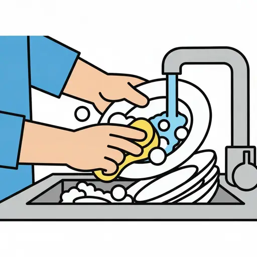 Twee handen wassen een bord met een spons onder een lopende kraan.