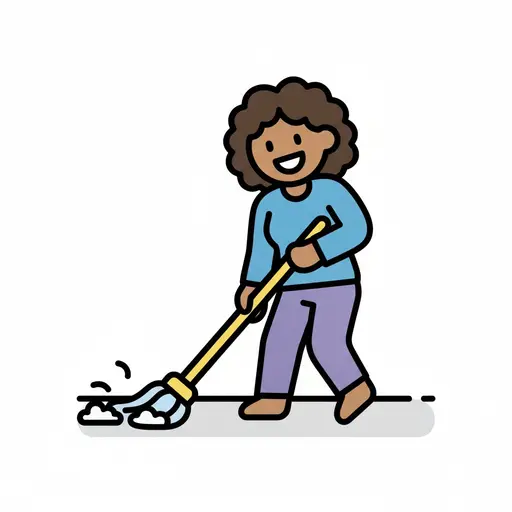 Een persoon schrobt de vloer met een mop zodat het vuil verdwijnt.