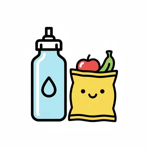 Een tekening van een blauwe drinkfles en een gele snackzak met een blij gezichtje, met een rode appel en een groene banaan erin.