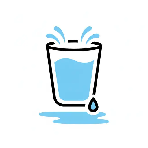 Een glas gevuld met water, met spatten die over de rand springen en een druppel die naar een klein plasje loopt.