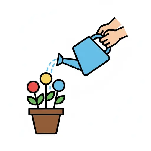 Een hand geeft een bloem in een pot water met een blauwe gieter.