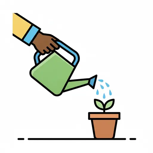 Een hand geeft een klein plantje in een pot water met een groene gieter.