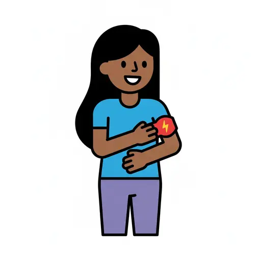A person wears a red armband on their upper arm and points at it.