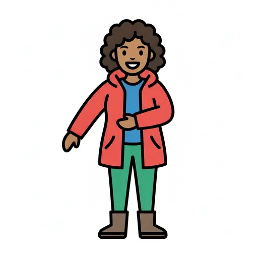 Een persoon staat in een rode jas, groene broek en laarzen.