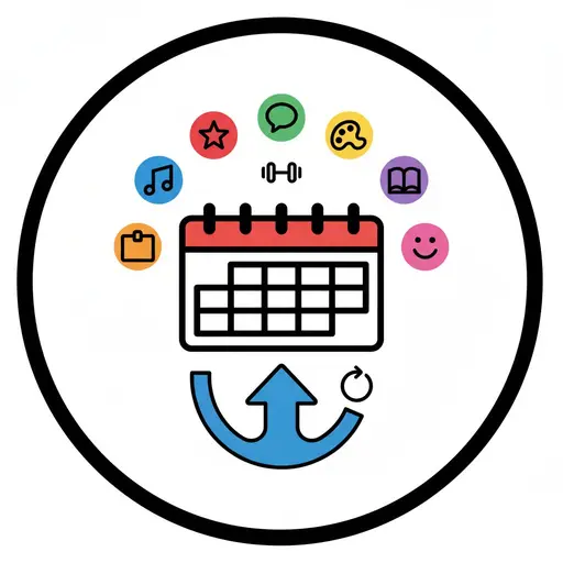 Een pictogram met een kalender met symbolen voor verschillende activiteiten, zoals muziek, kunst, sport, school en communicatie. Een blauwe pijl onder de kalender geeft herhaling of voortgang aan.