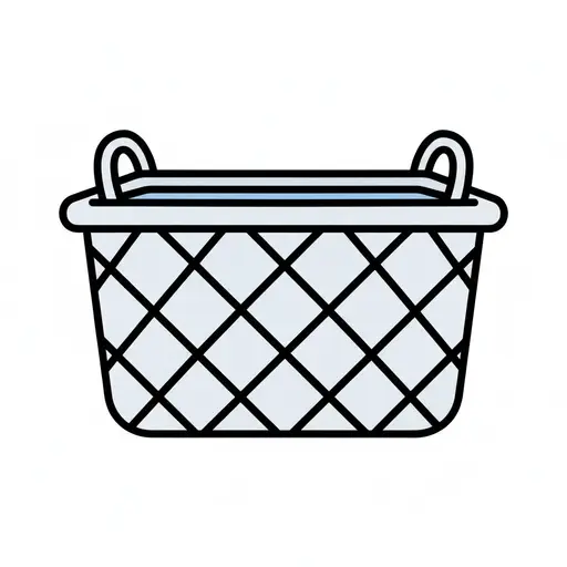 An empty white laundry basket with a lattice pattern and handles.