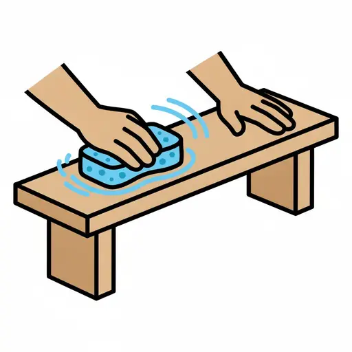 Twee handen nemen een houten bank af met een blauwe spons.