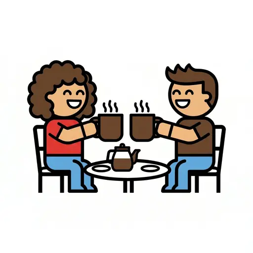Twee vrienden zitten lachend aan tafel en klinken met dampende koffiemokken. Er staat een koffiepot op tafel.