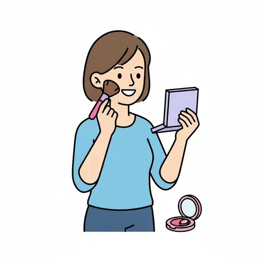 A woman applies blush with a brush while holding a mirror.