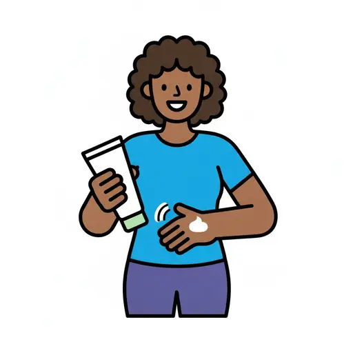 Een lachende vrouw houdt een tube vast en smeert crème op haar arm.