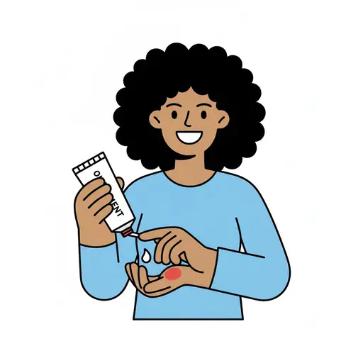 A woman rubs ointment from a tube onto her hand.