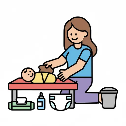 A woman kneels at a changing table with a baby, diapers, wipes and a bin below.
