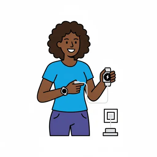 Een vrouw met krullend haar houdt een smartwatch vast die met een oplaadkabel aan het stopcontact hangt.