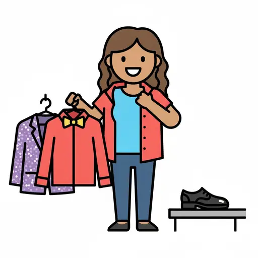 A woman pulls on a red jacket with smart clothes and shoes nearby.
