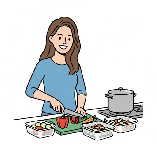 Een vrouw snijdt groente op een snijplank met voorraadbakjes en een pan op het fornuis.