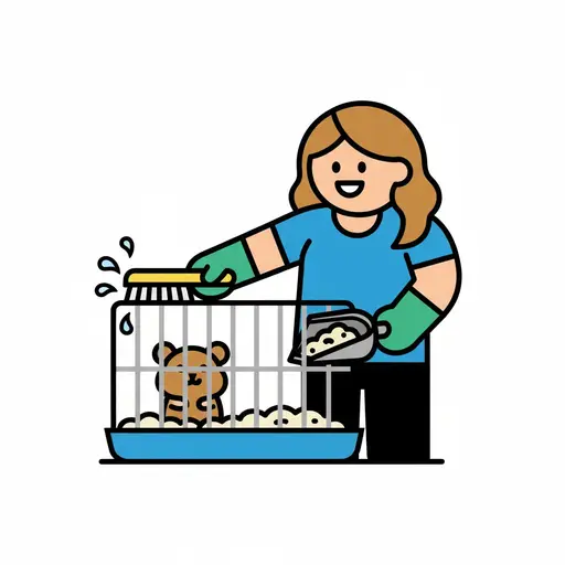 Een vrouw met bruin haar, een blauw T-shirt en groene handschoenen maakt een hamsterkooi schoon met een borstel en een schepje. Er zit een hamster in de kooi.