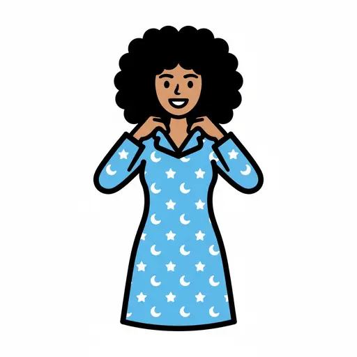 Een vrouw trekt een blauwe pyjama met sterren en manen aan.