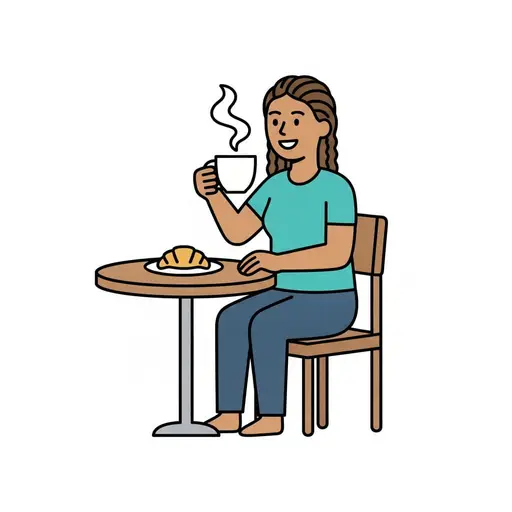En kvinna sitter vid ett runt kafébord och dricker ur en rykande kopp, med en croissant på en tallrik framför sig.