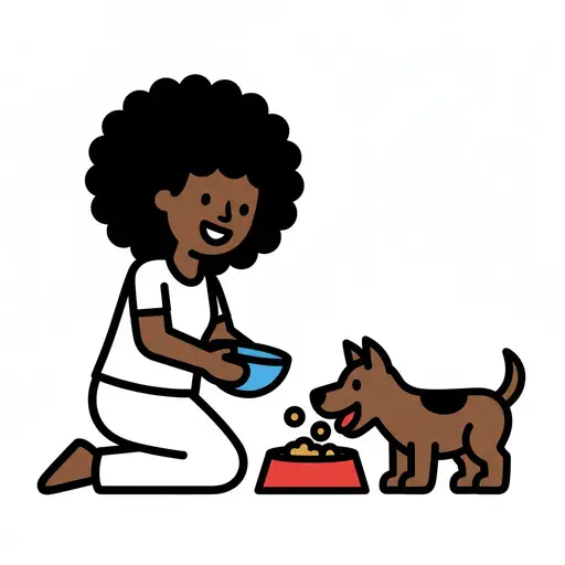 Een persoon knielt en giet het ontbijt uit een blauwe kom in een rode voerbak voor een hond.