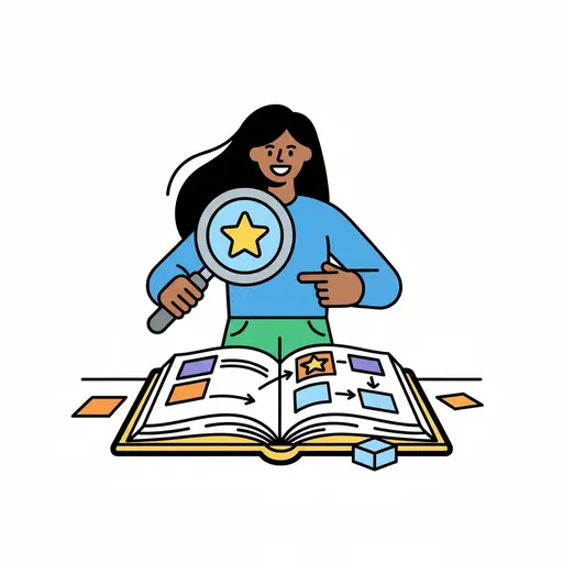 Een vrouw houdt een vergrootglas boven een opengeslagen boek en richt zich op een ster. Ze wijst naar tekeningen in het boek die een proces laten zien.