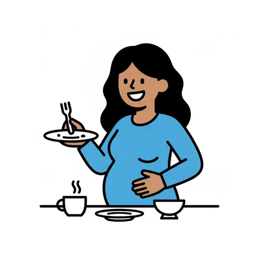 Een vrouw houdt een bord met een vork vast en legt een hand op haar buik, met een beker en een kom op tafel.
