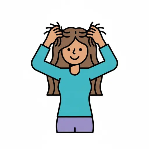 Een lachende vrouw met lang bruin haar brengt haar warrige haar met beide handen in model.