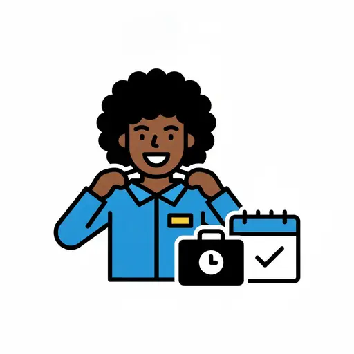 A woman in a blue work shirt with a name badge adjusts her collar next to a briefcase with a clock and a calendar with a checkmark.
