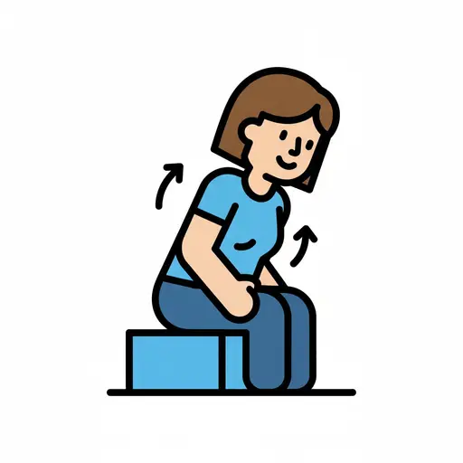 An illustration of a woman sitting on a blue block, with two upward arrows indicating the action of standing up.