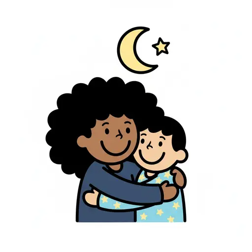 Een volwassen vrouw geeft een meisje een welterustenknuffel. Boven hen staan een maansikkel en een ster.