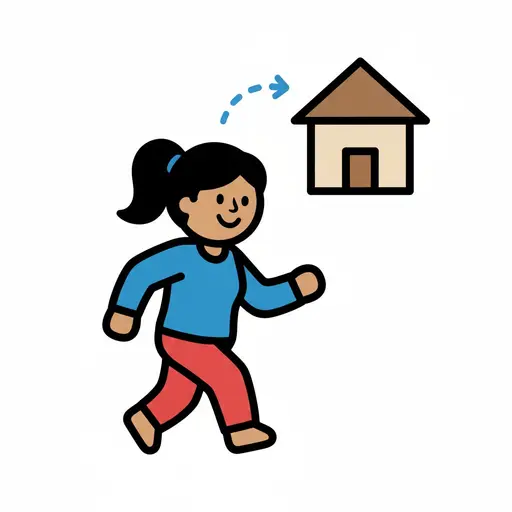 Een vrouw loopt naar een huis, wat aangeeft dat ze naar huis gaat.