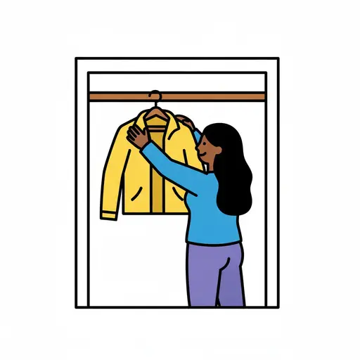 Eine Frau hängt eine gelbe Jacke in den Schrank.