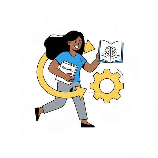 A woman strides forward with a folder labelled Training under her arm and an open book in her hand.