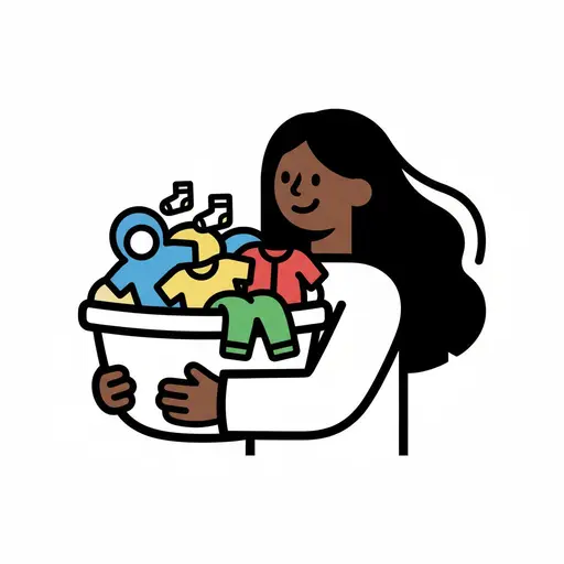 Een vrouw houdt een mand vol kleurige kinderkleren vast.