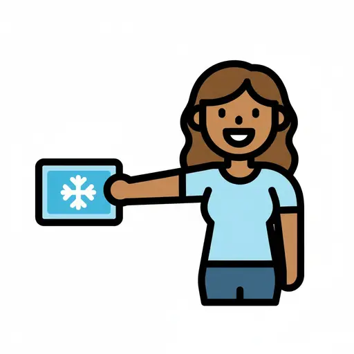 An illustration of a person holding a blue cold pack with a snowflake icon.