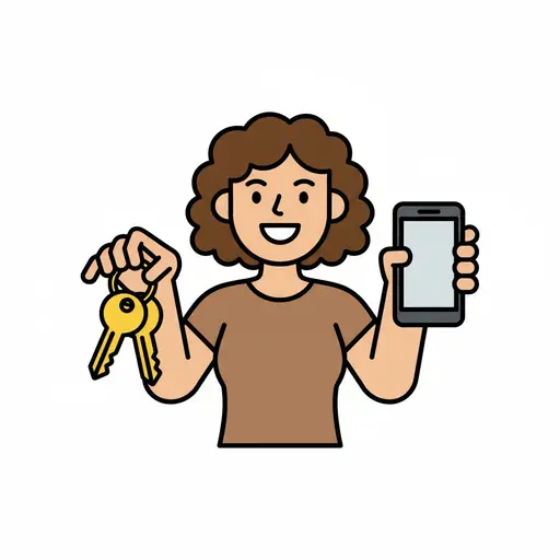 A woman holds a set of keys in one hand and a smartphone in the other.