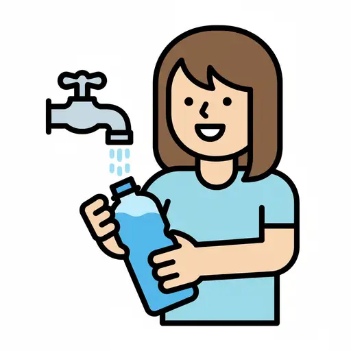 Een persoon houdt een drinkfles onder een lopende kraan.