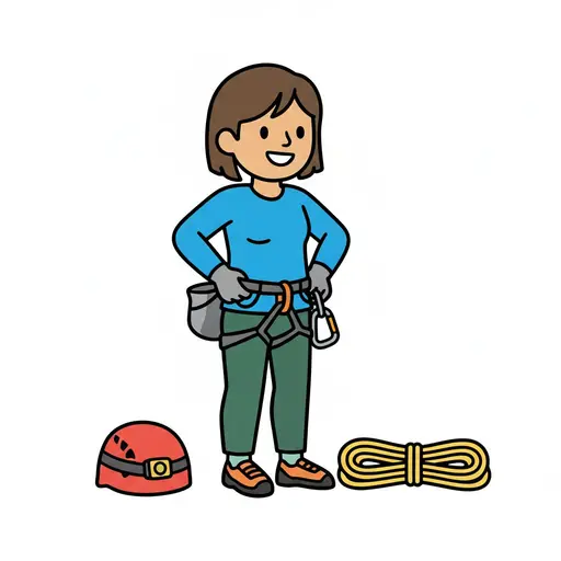 A woman in a climbing harness stands with a helmet and rope in front of her.