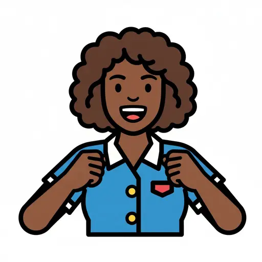 Een lachende vrouw draagt een blauw uniformshirt met knopen en een insigne.