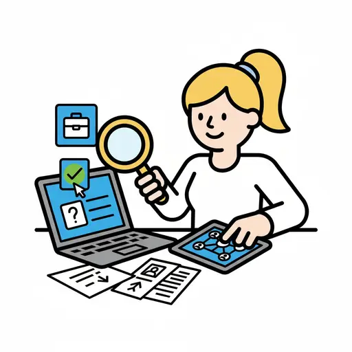 Een vrouw zit aan een bureau werk te zoeken met een laptop, een tablet en papieren. Ze houdt een vergrootglas boven het laptopscherm, waarop pictogrammen voor een sollicitatie en een vinkje staan.