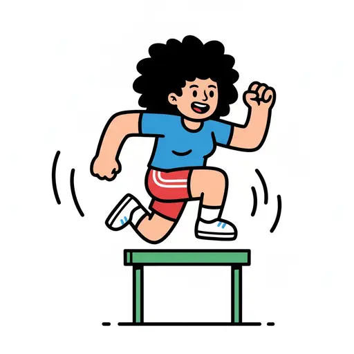 Een tekening van een vrouw in sportkleding die over een groene horde springt.
