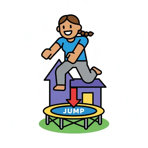Een persoon springt vanaf een huis naar een trampoline met de tekst JUMP.