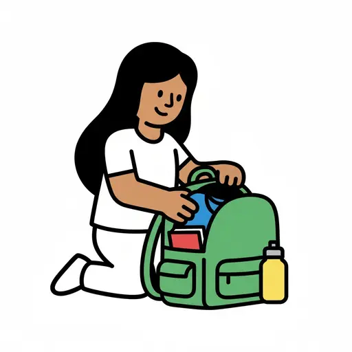 Een vrouw knielt en pakt een groene rugzak in met verschillende spullen.