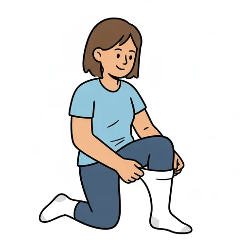 A woman in a light blue t-shirt kneels on one knee and pulls a white sock up over her foot.