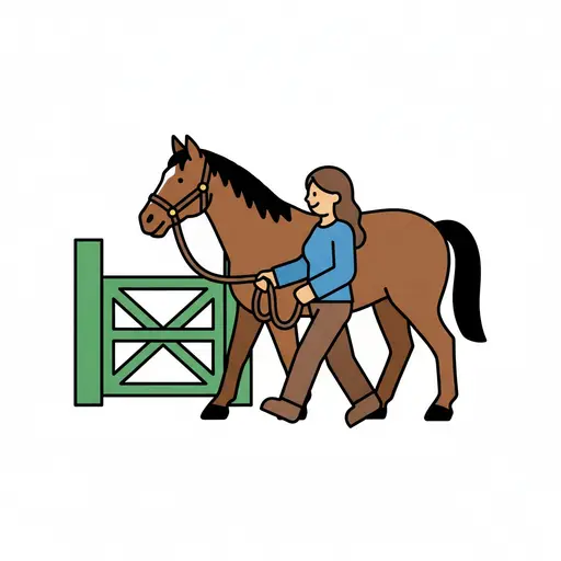 En kvinne leder en hest gjennom en grind.