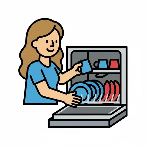 Illustration af en person, der lægger tallerkner og kopper i en opvaskemaskine.