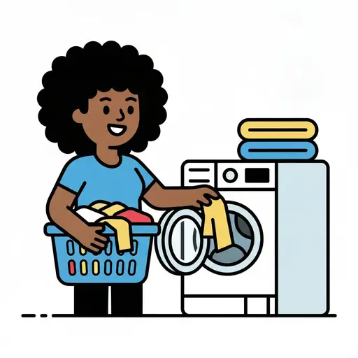 Carrying a blue laundry basket of clothes, a woman puts a yellow garment into an open washing machine, with folded towels stacked on the unit beside it.