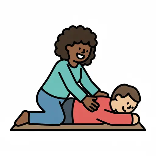 Een vrouw masseert de rug van een kind op een mat.