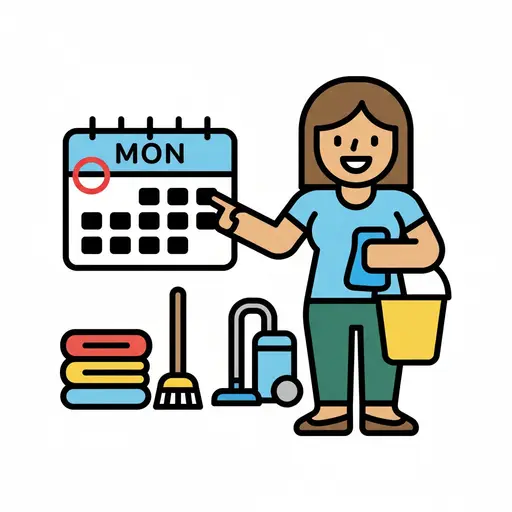 Een vrouw wijst naar een kalender met 'MON' (maandag) erop en houdt een emmer en een doek vast. Naast haar staan een stapel opgevouwen was, een bezem en een stofzuiger, die de maandagse schoonmaakklusjes voorstellen.